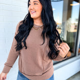 Corded Rib Exposed Seam Pullover Top - Brown - Lace and Grace Boutique