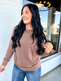 Corded Rib Exposed Seam Pullover Top - Brown - Lace and Grace Boutique