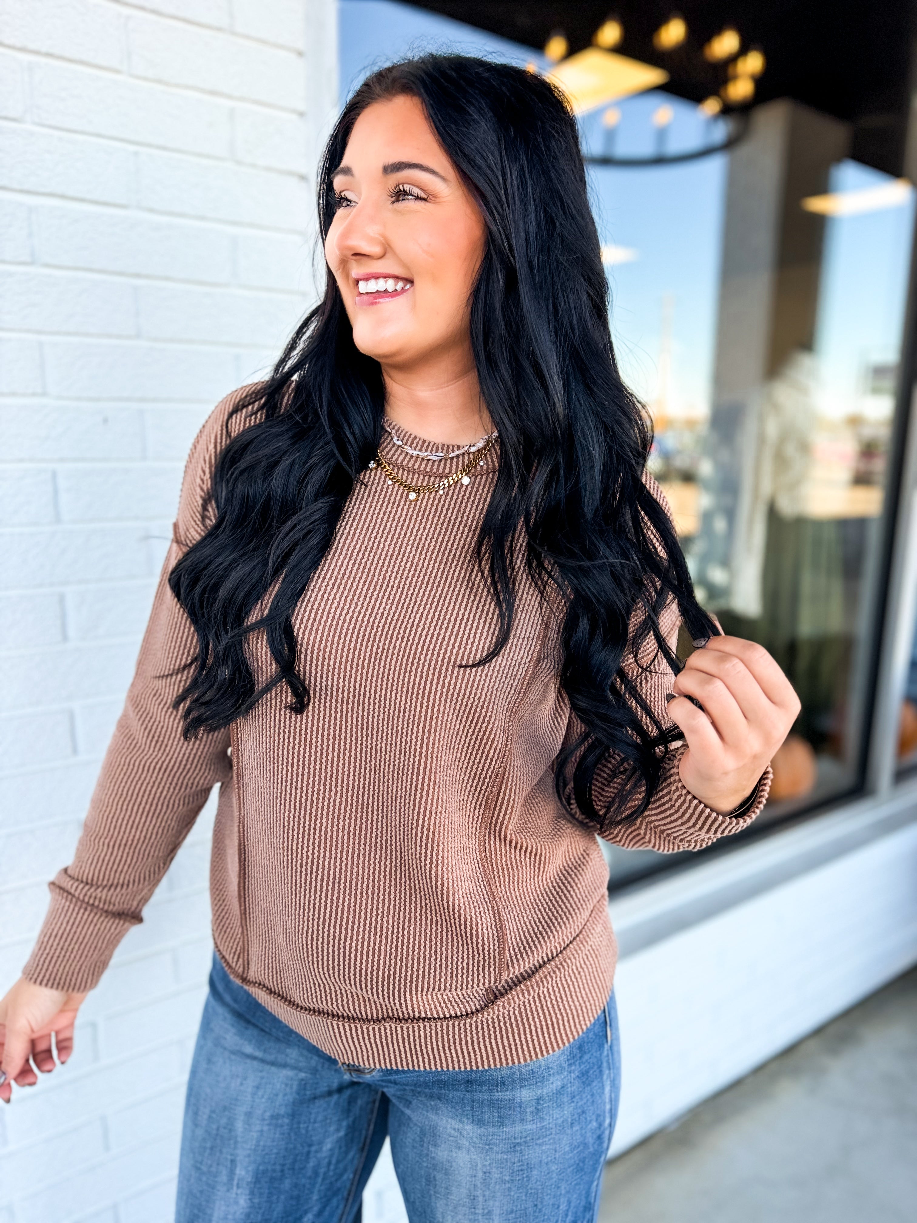Corded Rib Exposed Seam Pullover Top - Brown - Lace and Grace Boutique