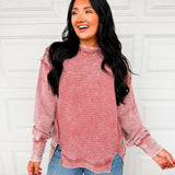 Acid Wash Ribbed Pullover Top - Winter Rose