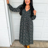 Smocked Button Detail Floral Print Maxi Dress - Dark Green