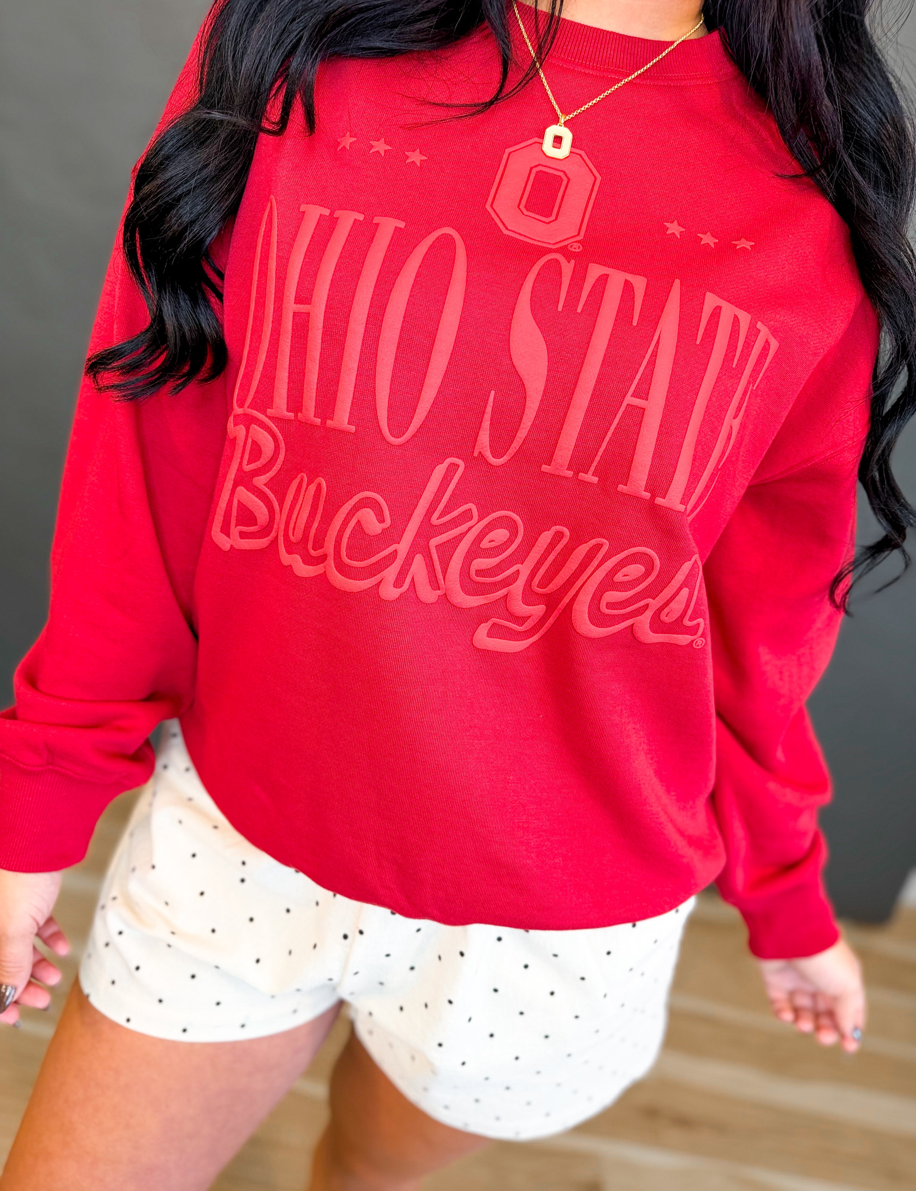 Ohio State Puff Letter Crewneck Sweatshirt - Red - Lace and Grace Boutique