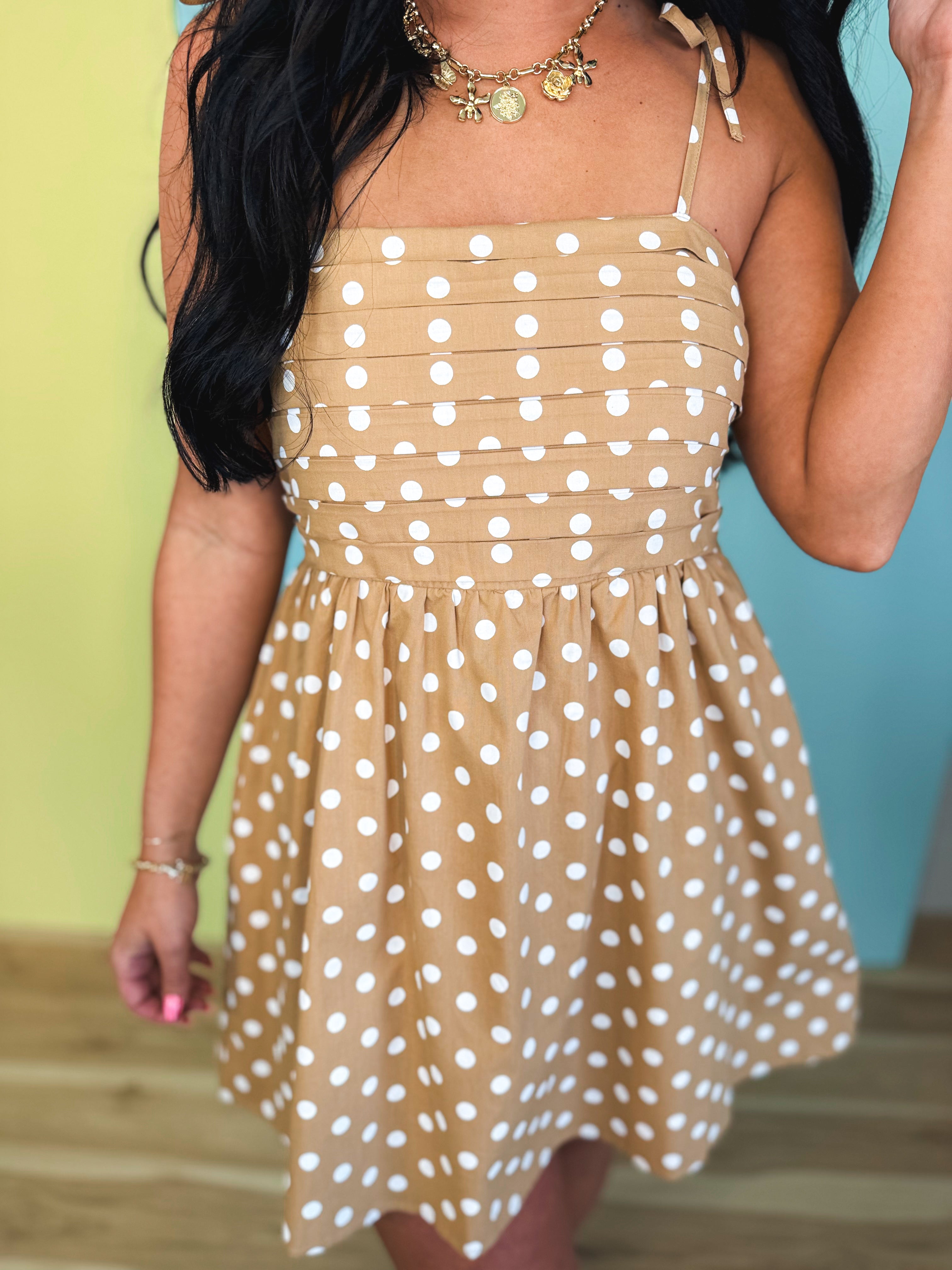 Polka Dot Pleated Mini Dress - Mocha - Lace and Grace Boutique