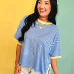 Striped Contrast Drop Sleeve Tee - Blue Multi - Lace and Grace Boutique