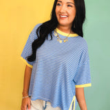 Striped Contrast Drop Sleeve Tee - Blue Multi - Lace and Grace Boutique