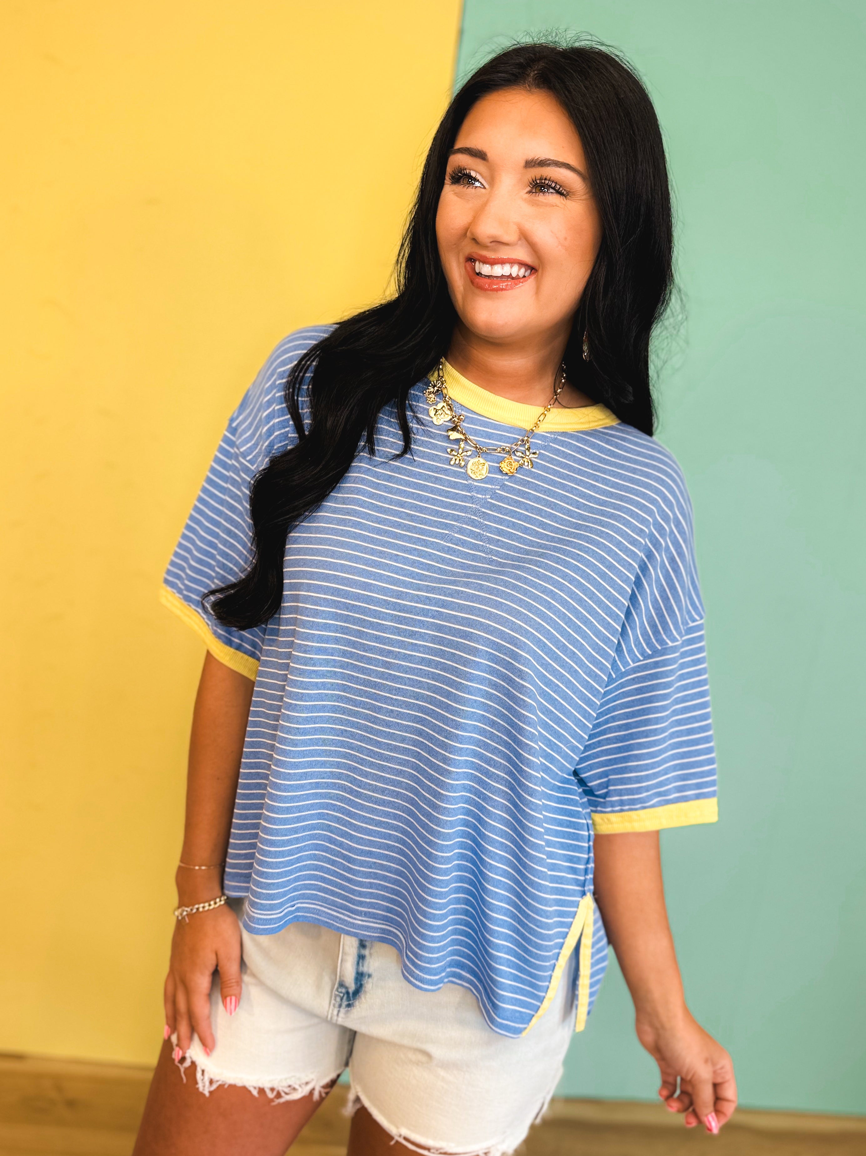 Striped Contrast Drop Sleeve Tee - Blue Multi - Lace and Grace Boutique