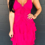 Lace Trim Tiered Midi Dress - Hot Pink - Lace and Grace Boutique