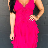 Lace Trim Tiered Midi Dress - Hot Pink - Lace and Grace Boutique