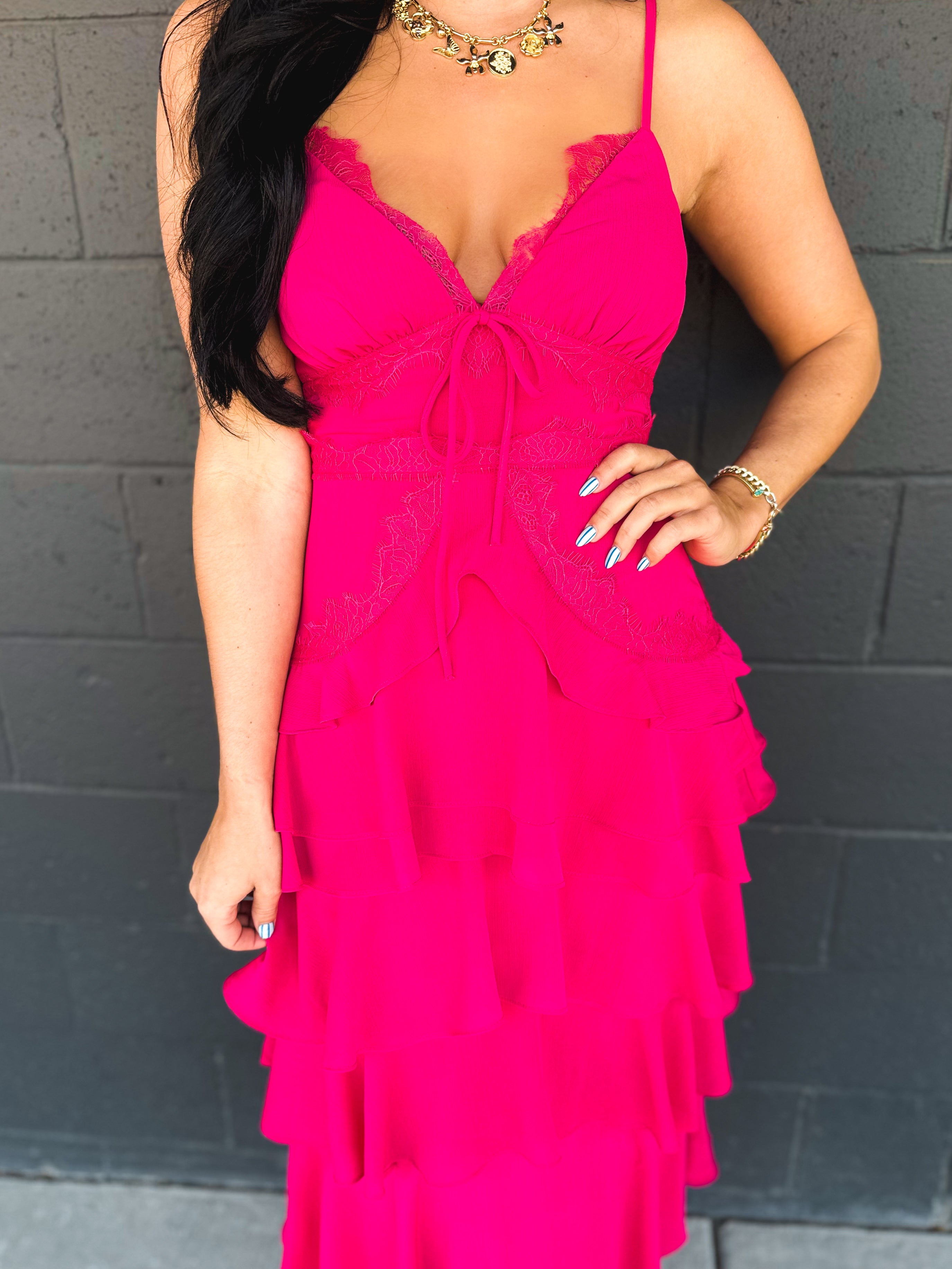 Lace Trim Tiered Midi Dress - Hot Pink - Lace and Grace Boutique