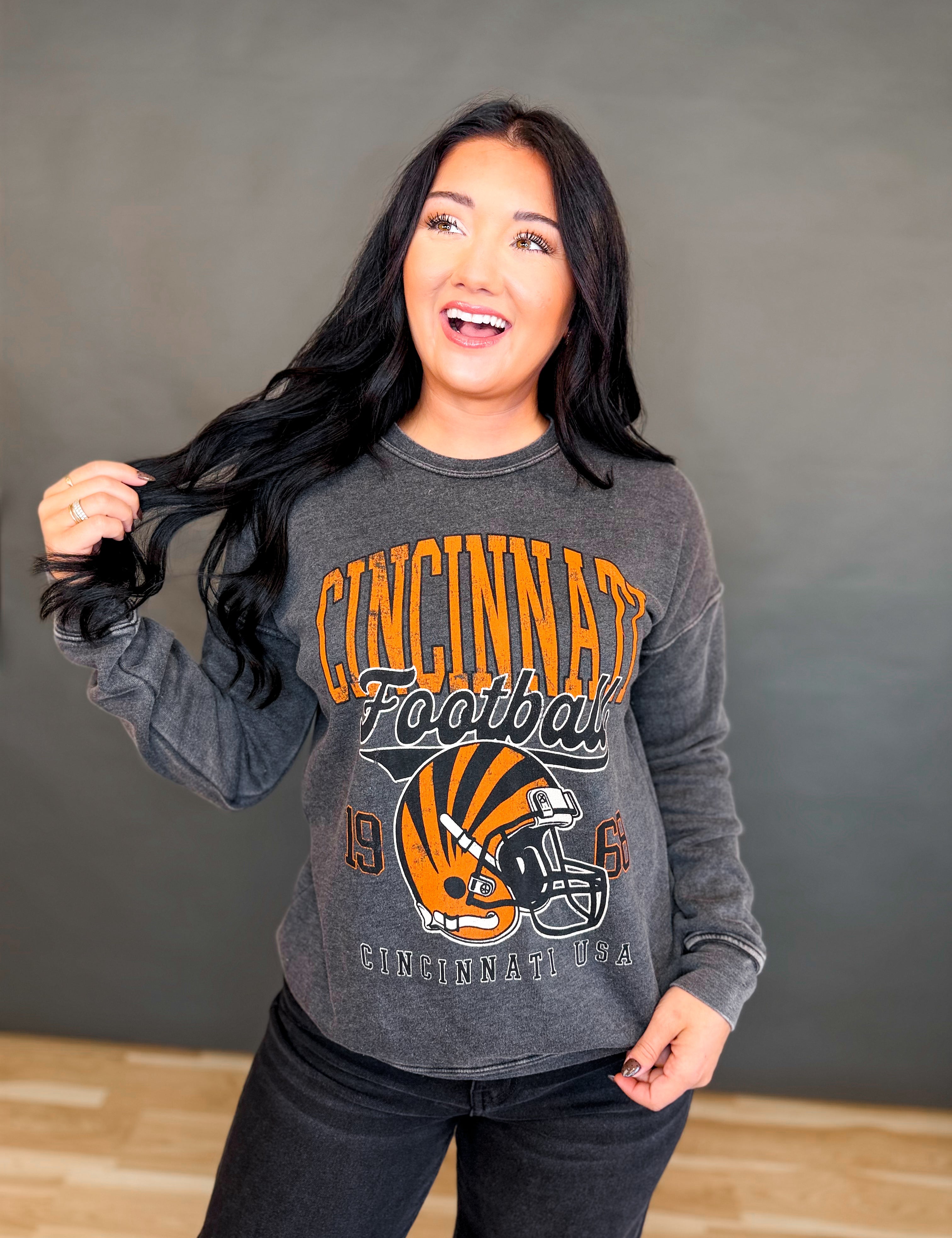 Cincinnati Football Mineral Washed Sweatshirt - Black - Lace and Grace Boutique