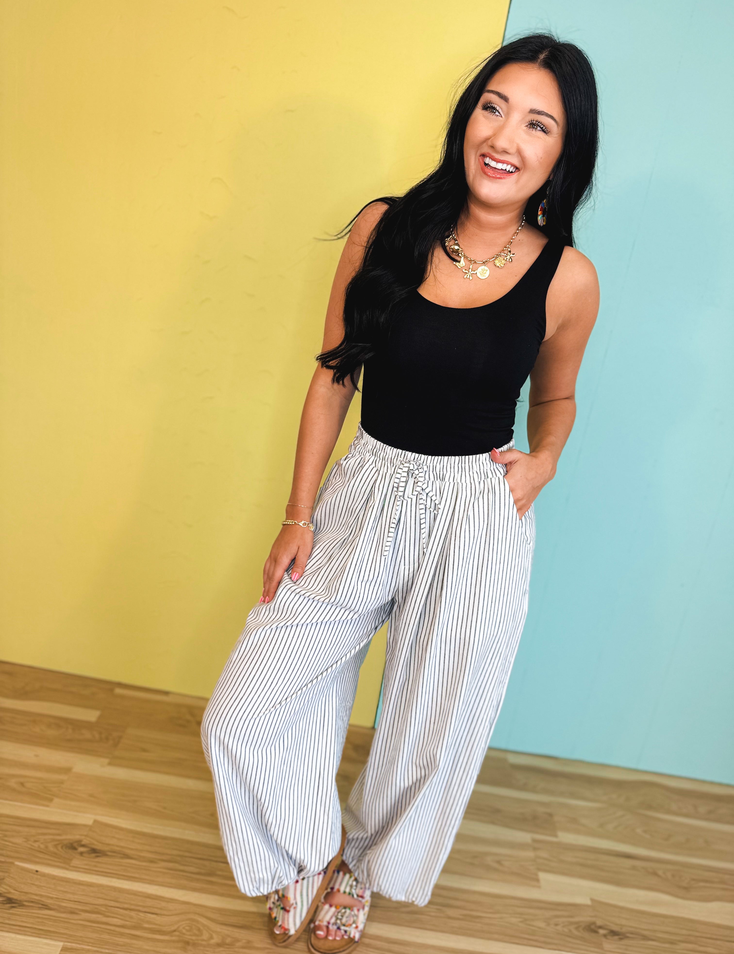 Striped Balloon Wide Leg Pants - White/Black - Lace and Grace Boutique