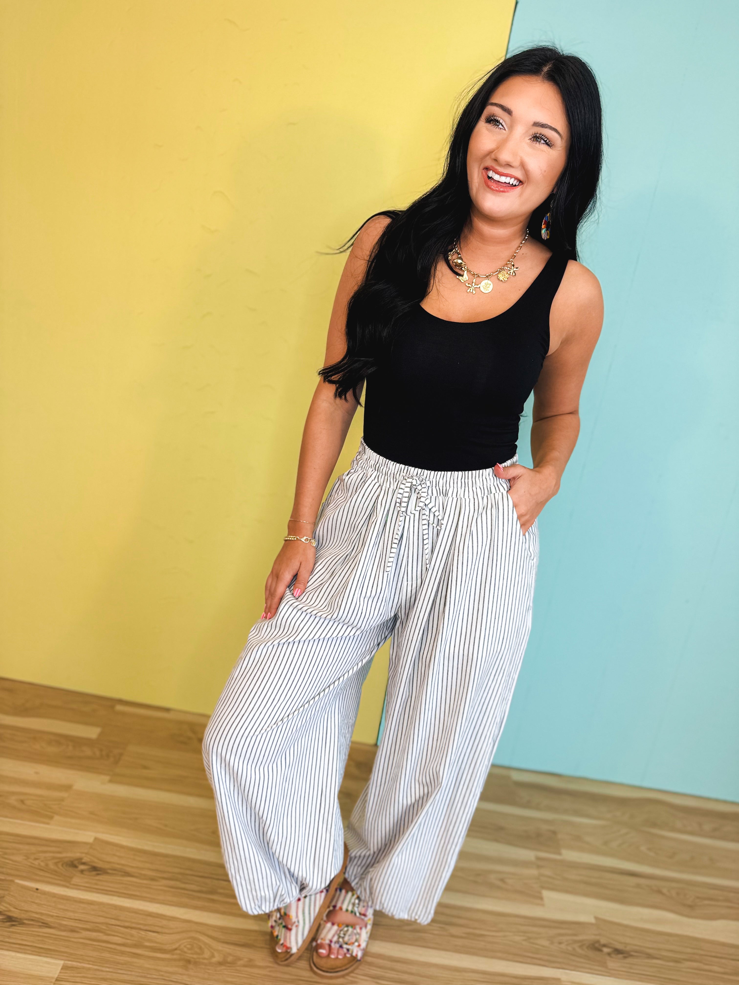 Striped Balloon Wide Leg Pants - White/Black - Lace and Grace Boutique