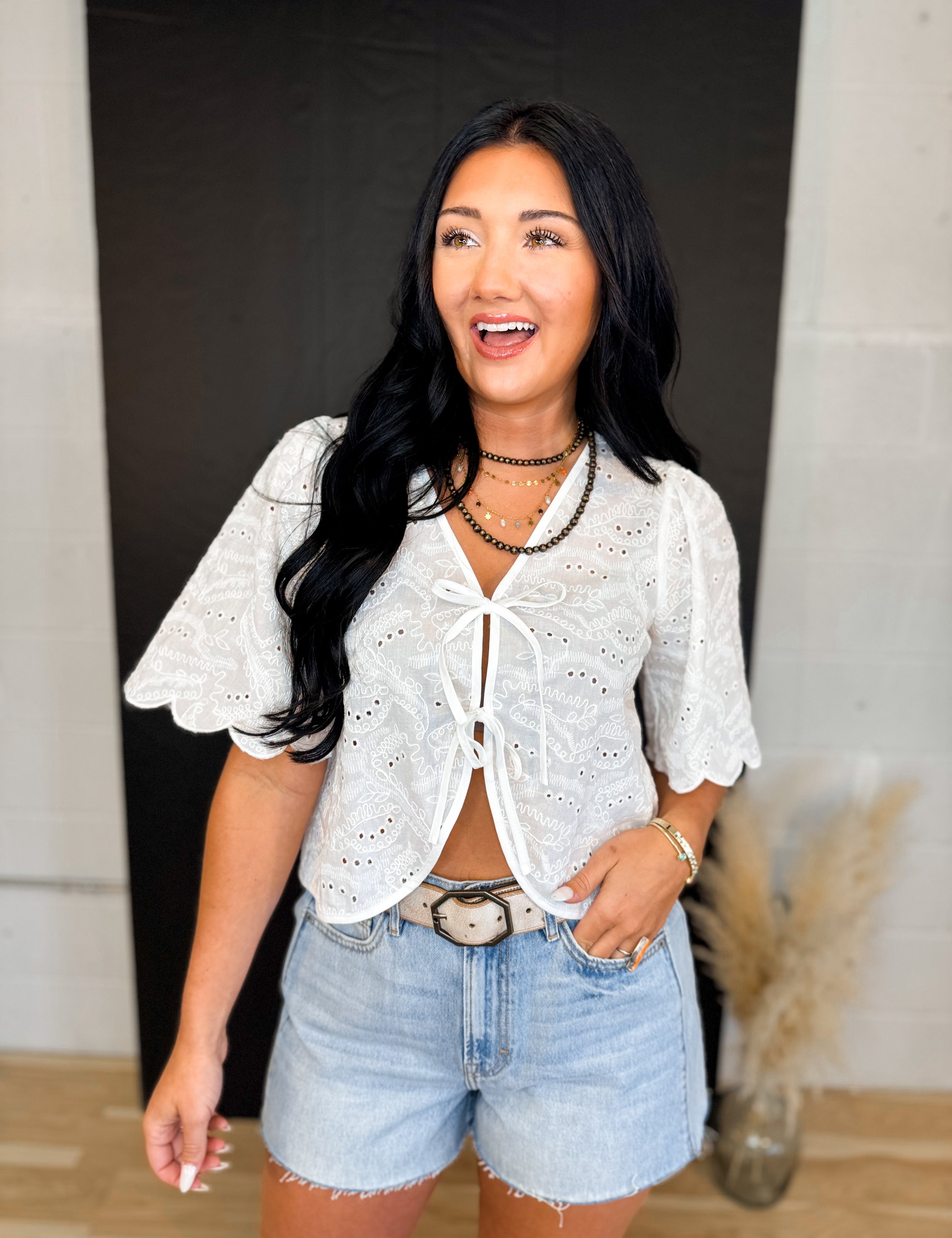 Embroidered Eyelet Bow Tie Blouse - Ivory - Lace and Grace Boutique