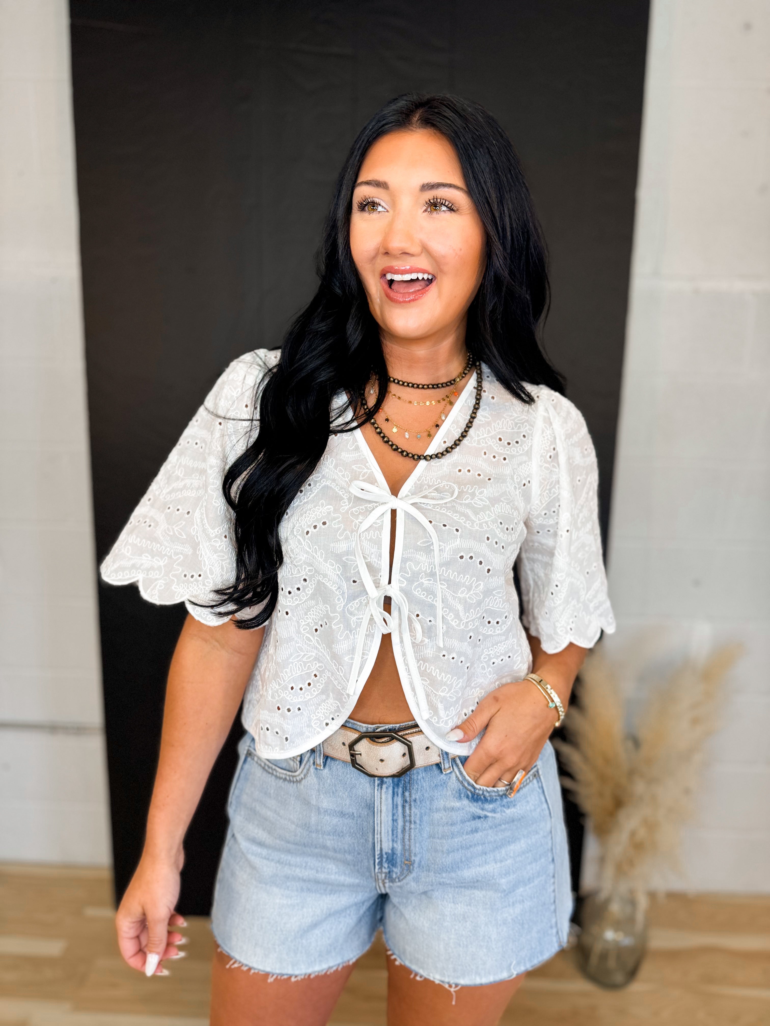 Embroidered Eyelet Bow Tie Blouse - Ivory - Lace and Grace Boutique