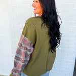 Floral Patch & Plaid Detail Long Sleeve Top - Olive - Lace and Grace Boutique