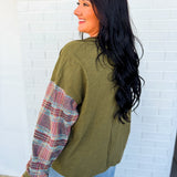 Floral Patch & Plaid Detail Long Sleeve Top - Olive - Lace and Grace Boutique