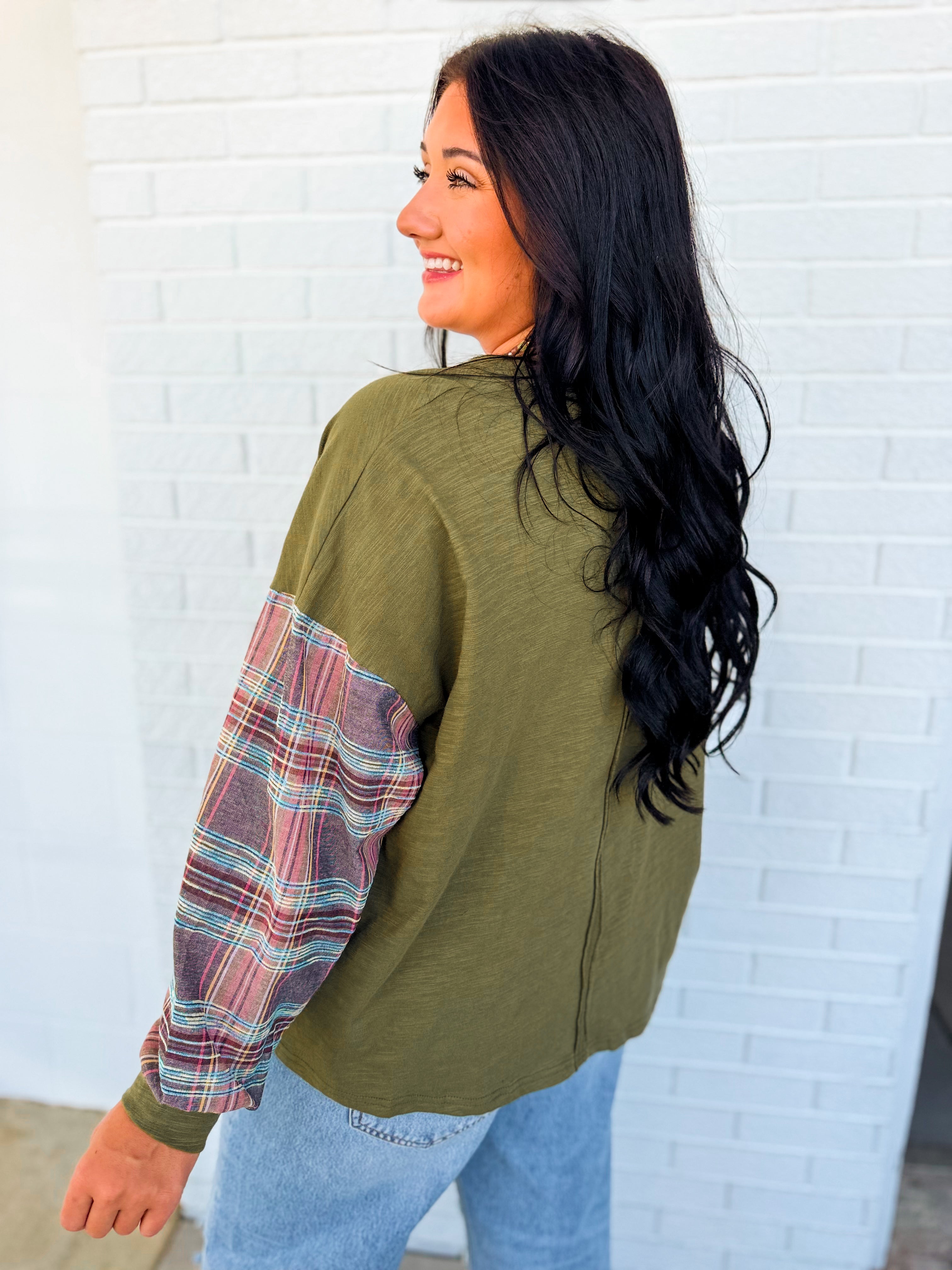 Floral Patch & Plaid Detail Long Sleeve Top - Olive - Lace and Grace Boutique