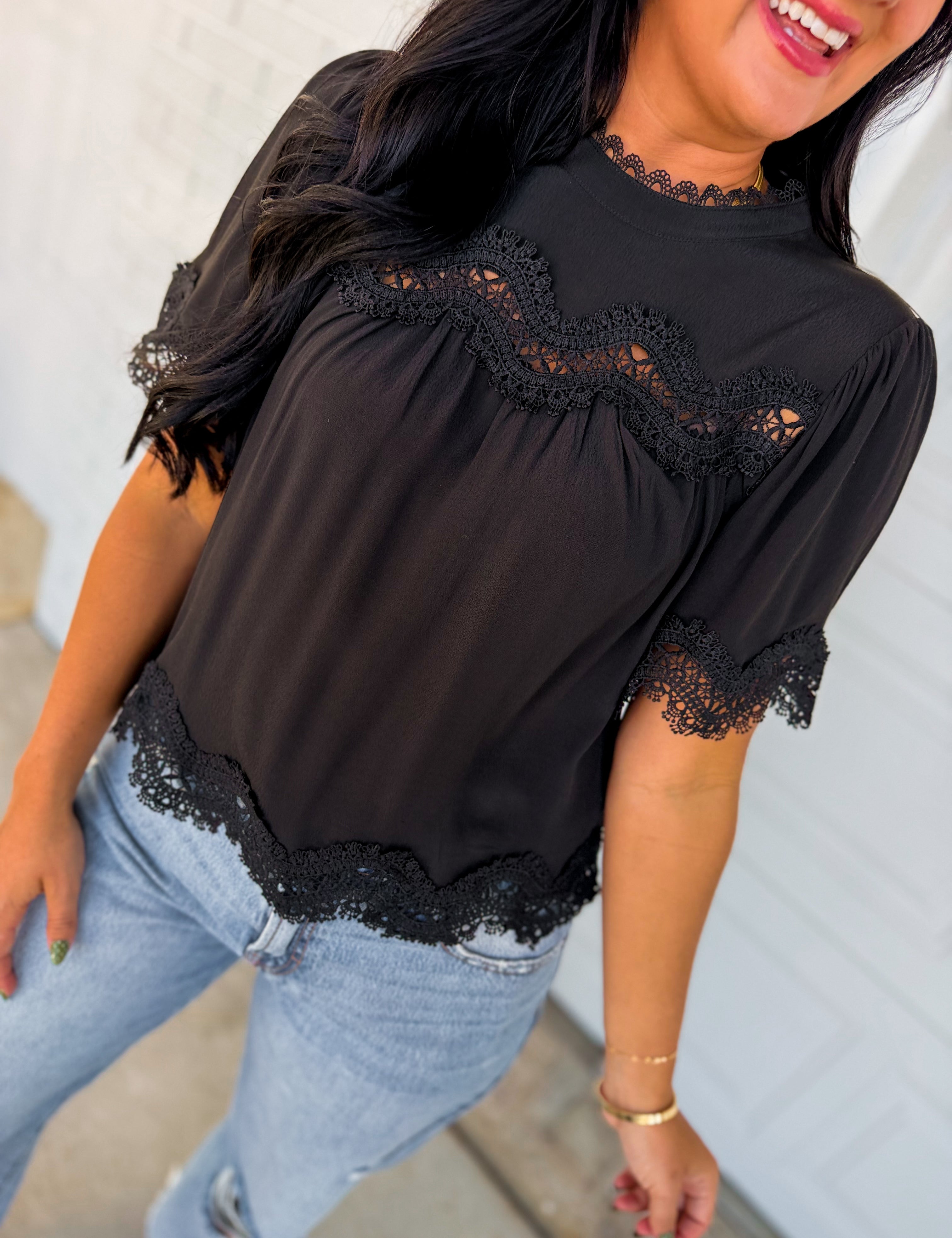 Lace Detail Flutter Sleeve Blouse - Black - Lace and Grace Boutique