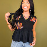 POL Boho Floral Patch V-Neck Tank Top - Black
