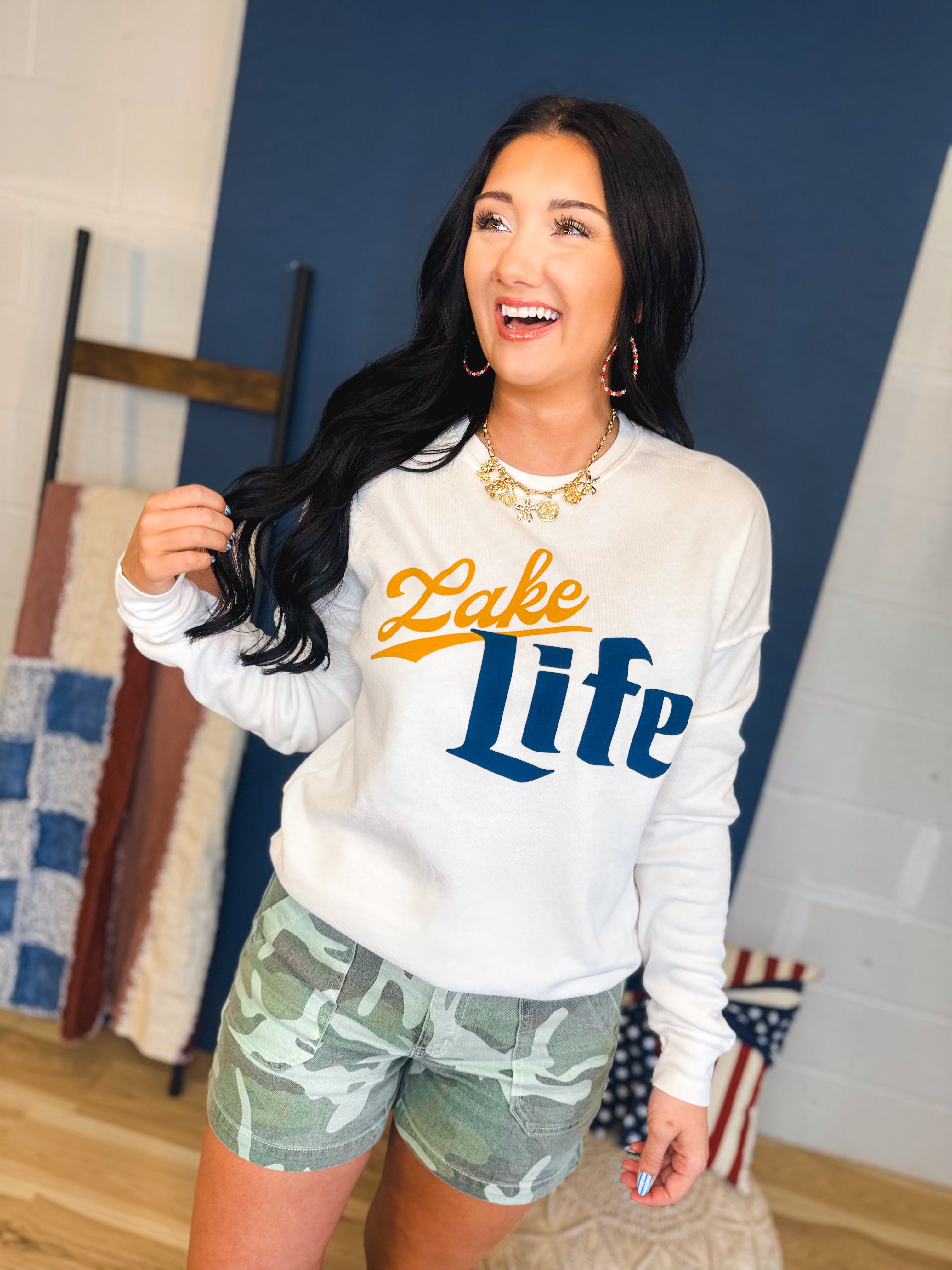 Lake Life Mineral Washed Sweatshirt - White - Lace and Grace Boutique
