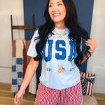 USA Teddy Bear Graphic Tee - Light Blue - Lace and Grace Boutique