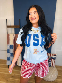USA Teddy Bear Graphic Tee - Light Blue - Lace and Grace Boutique