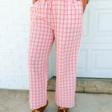 Plaid Side Stripe Detail Drawstring Pants - Pink/Taupe