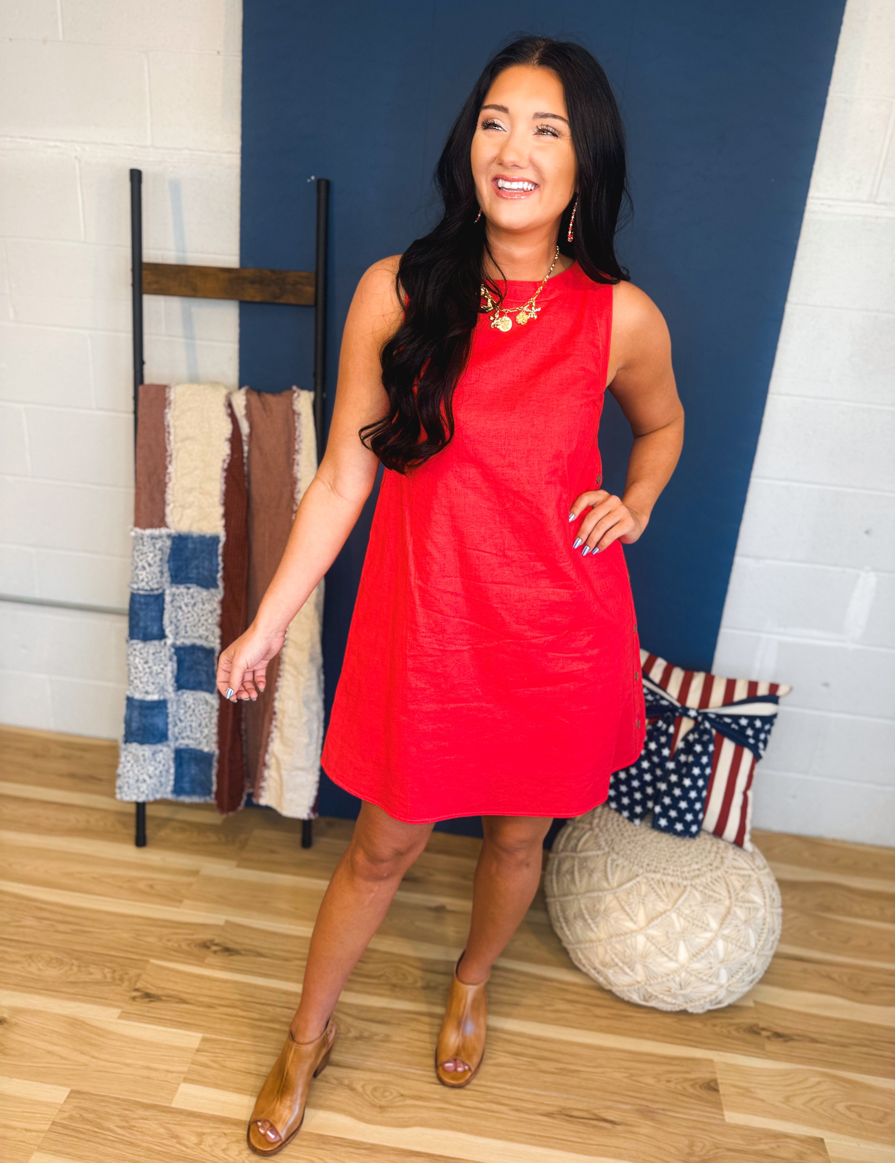 Side Button Detail Mini Dress - Red - Lace and Grace Boutique