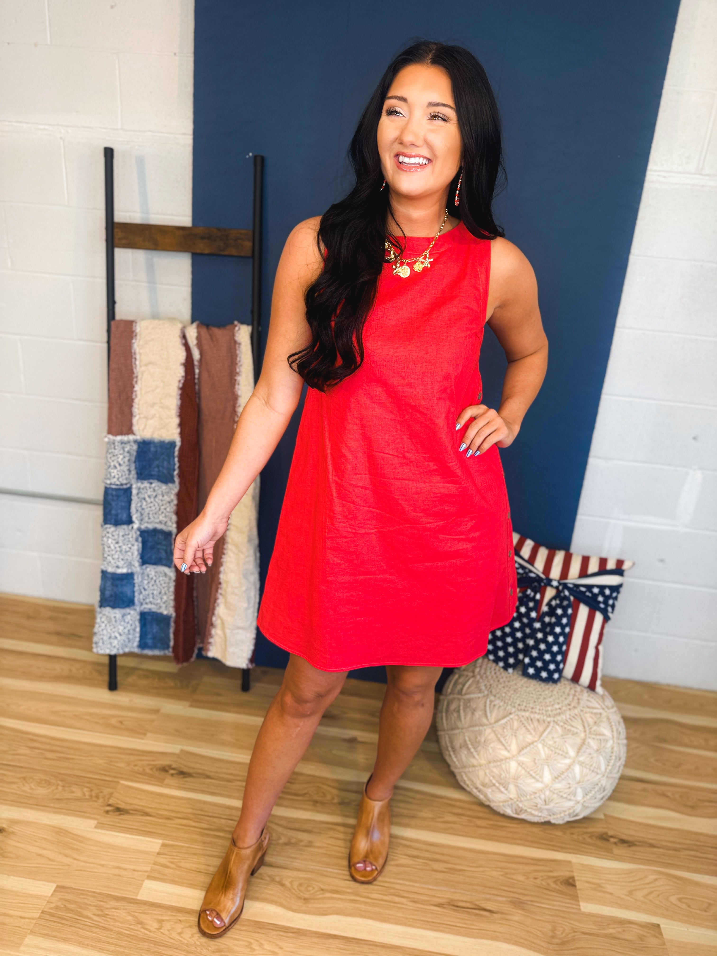 Side Button Detail Mini Dress - Red - Lace and Grace Boutique