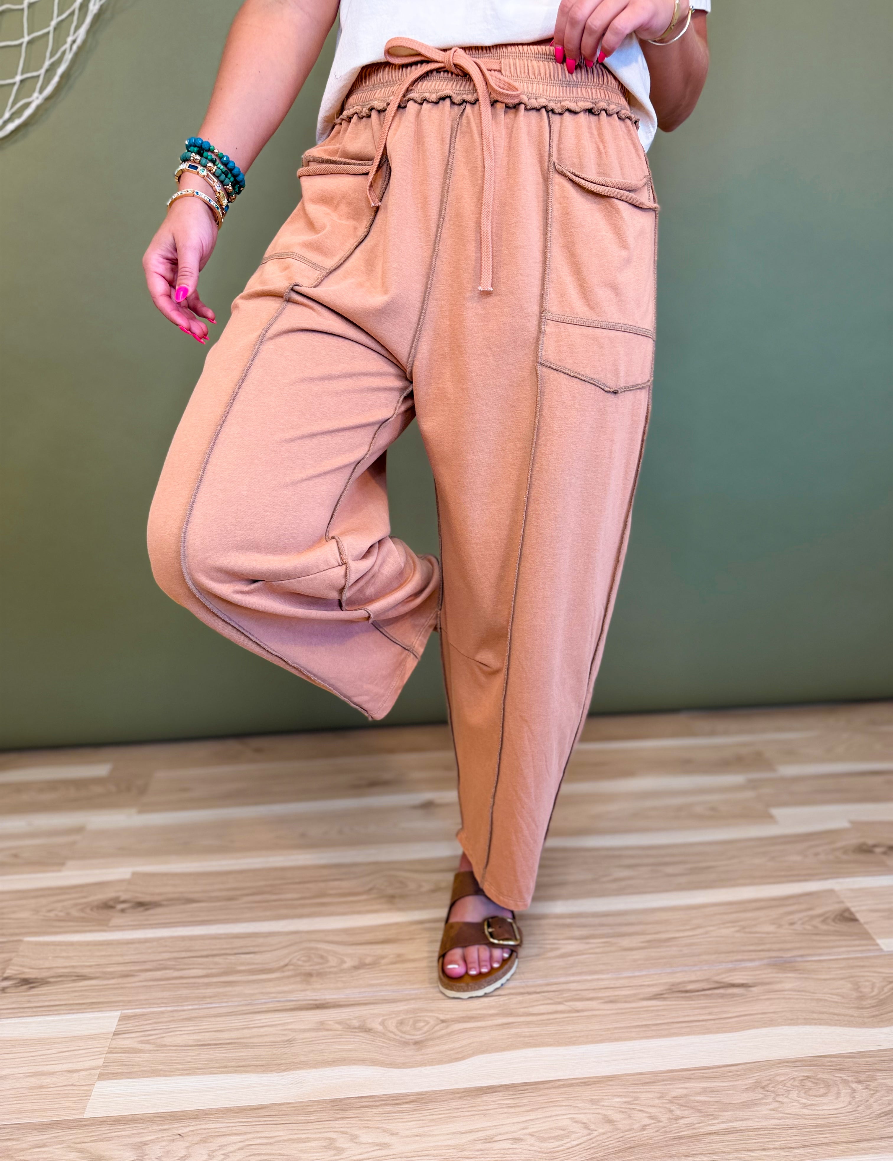 Mineral Wash Barrel Fit Utility Knit Pants - Camel - Lace and Grace Boutique