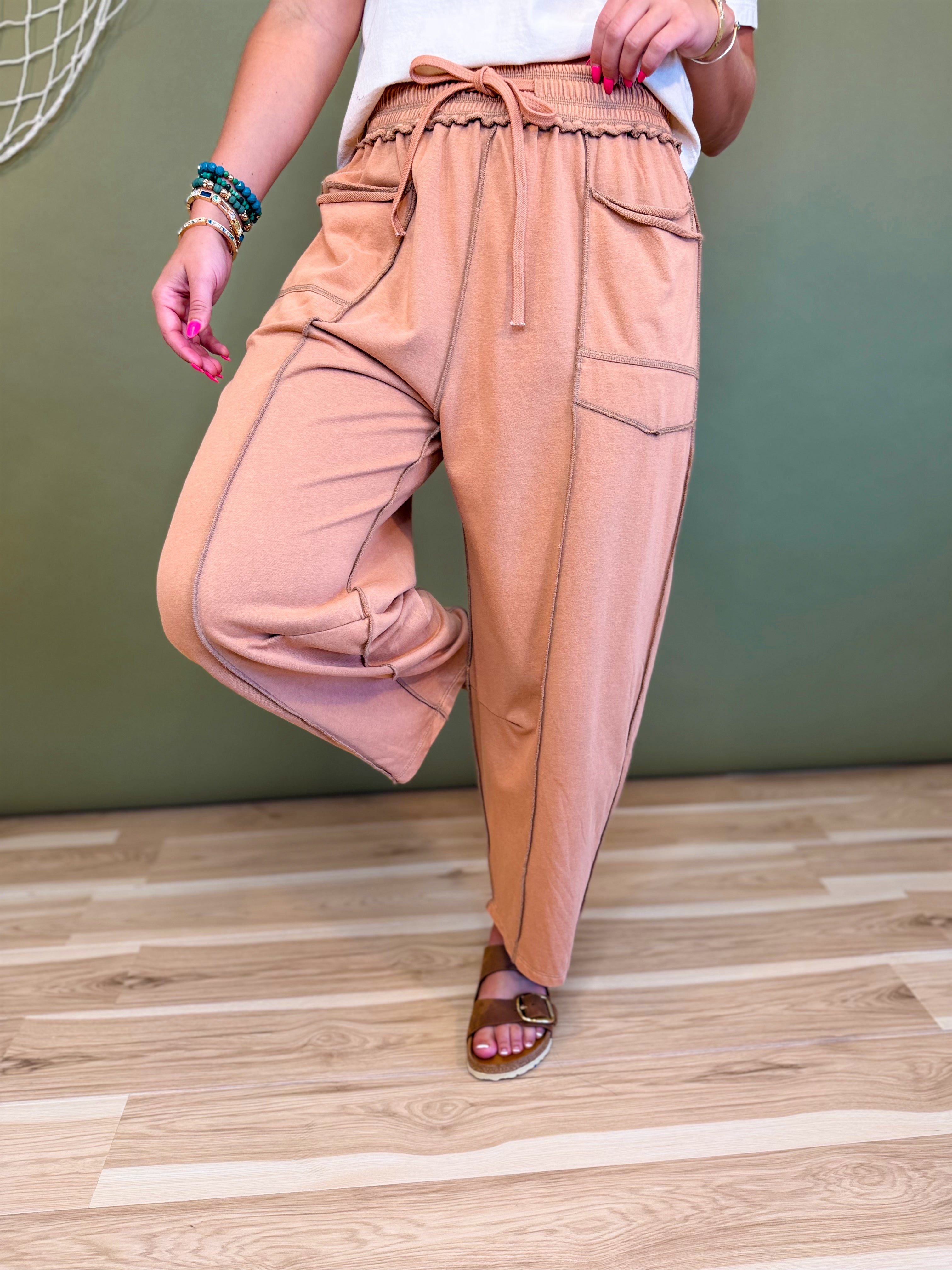Mineral Wash Barrel Fit Utility Knit Pants - Camel - Lace and Grace Boutique