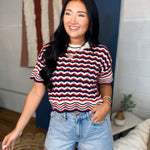 Multi Striped Open-Knit Sweater Top - Red/Navy - Lace and Grace Boutique
