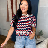 Multi Striped Open-Knit Sweater Top - Red/Navy - Lace and Grace Boutique