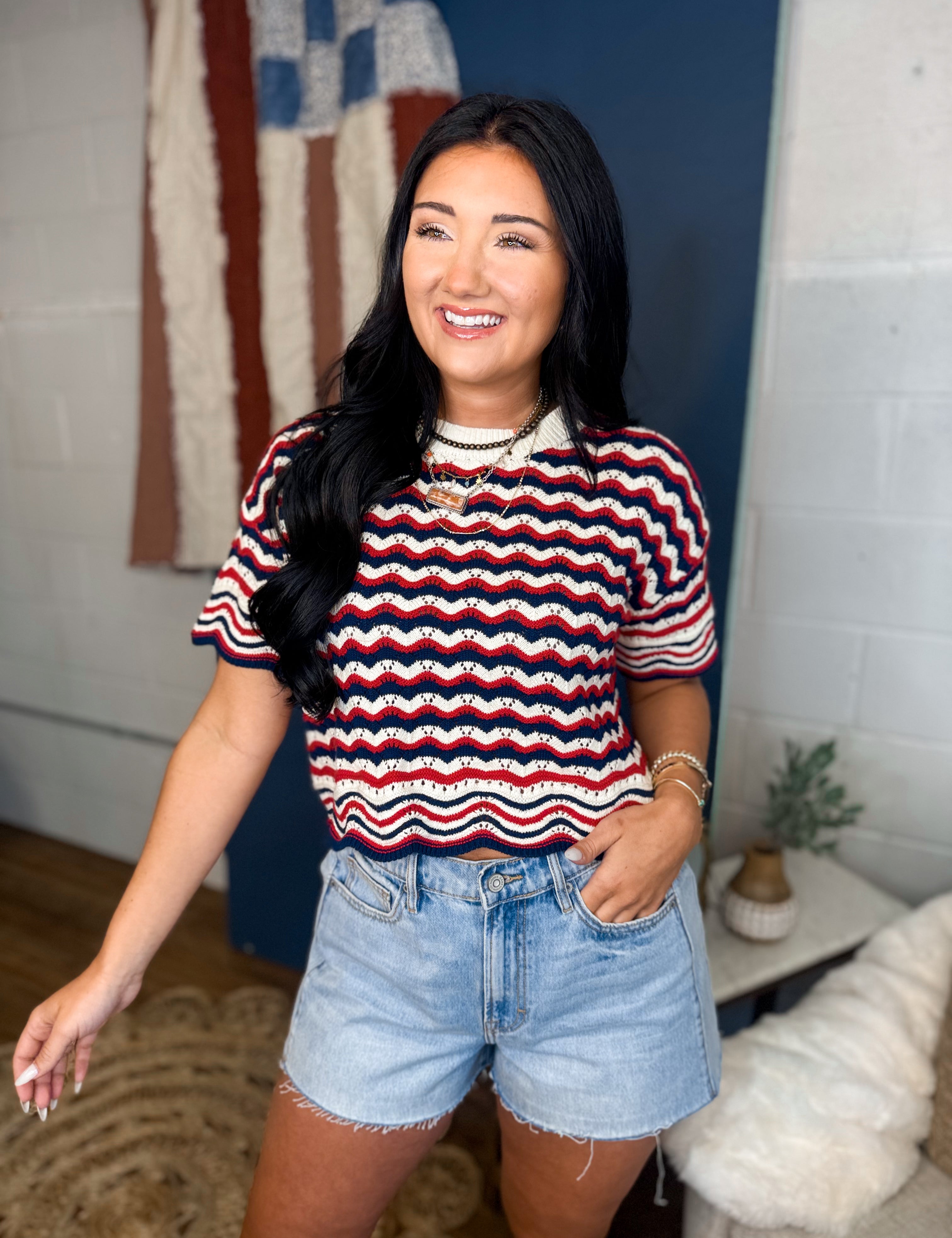 Multi Striped Open-Knit Sweater Top - Red/Navy - Lace and Grace Boutique