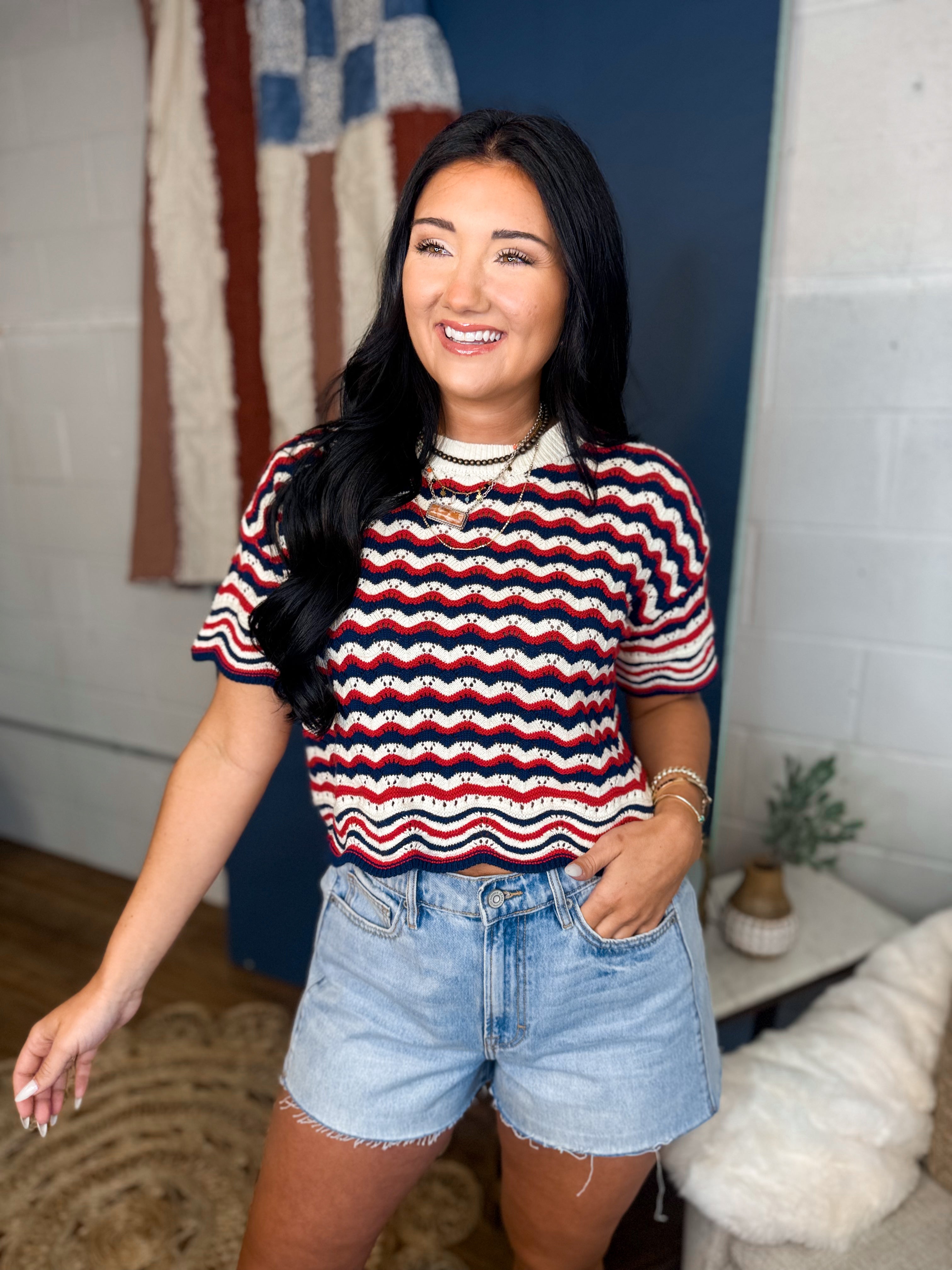 Multi Striped Open-Knit Sweater Top - Red/Navy - Lace and Grace Boutique