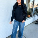 Corded Rib Exposed Seam Pullover Top - Black - Lace and Grace Boutique