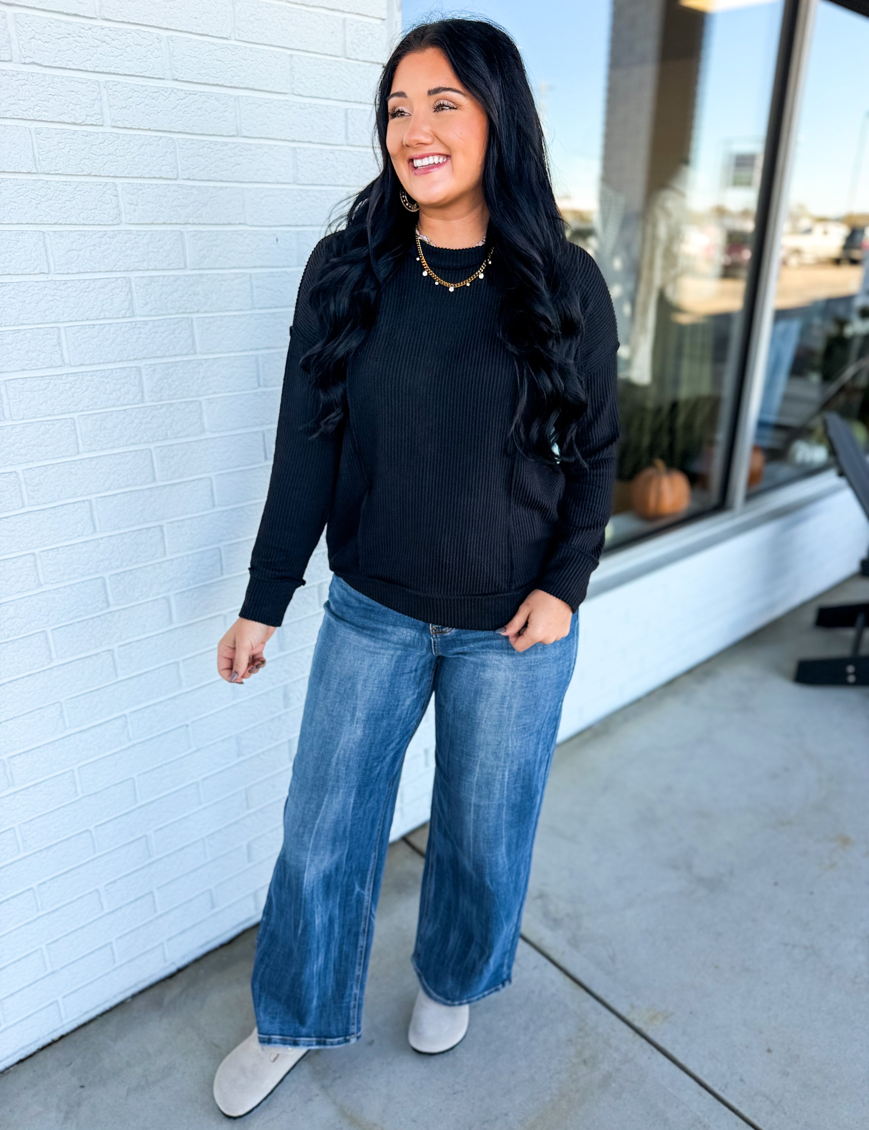 Corded Rib Exposed Seam Pullover Top - Black - Lace and Grace Boutique