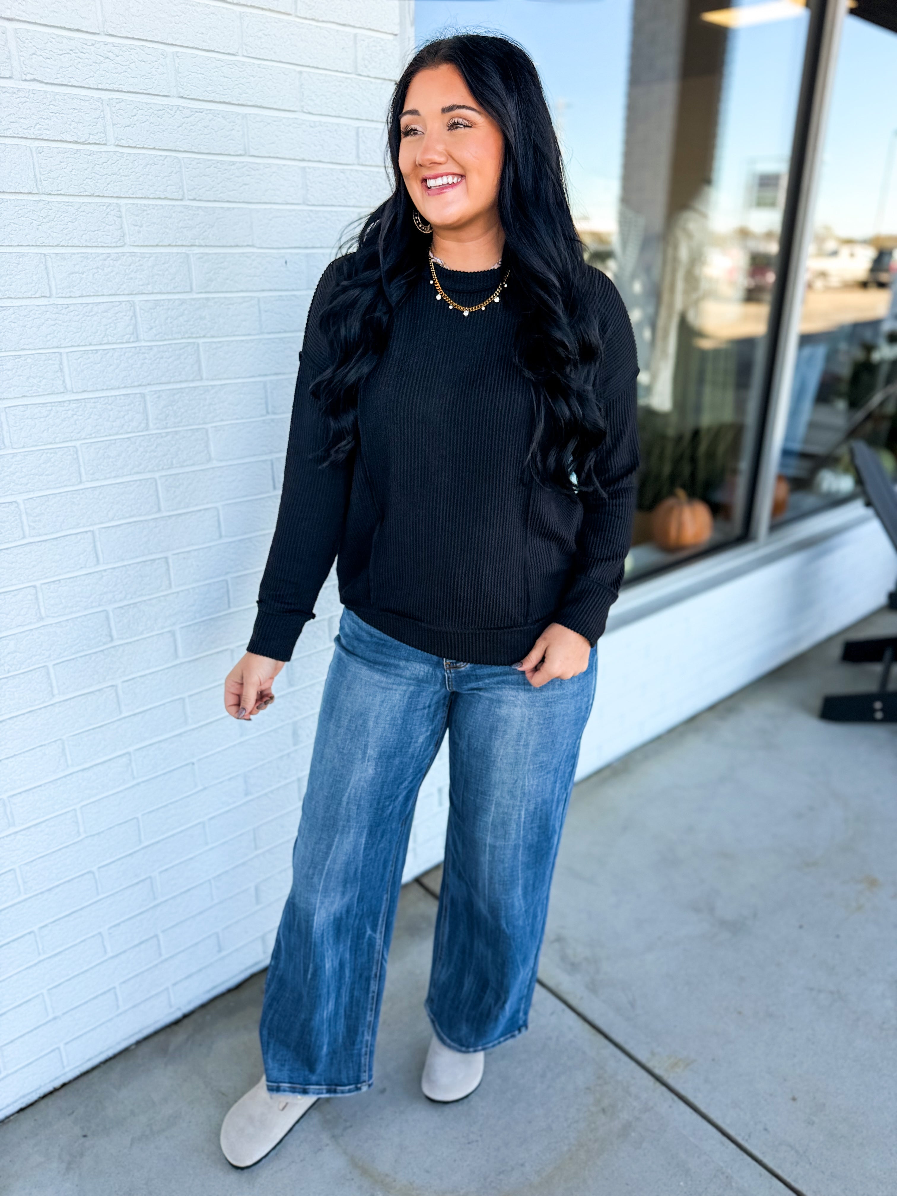 Corded Rib Exposed Seam Pullover Top - Black - Lace and Grace Boutique