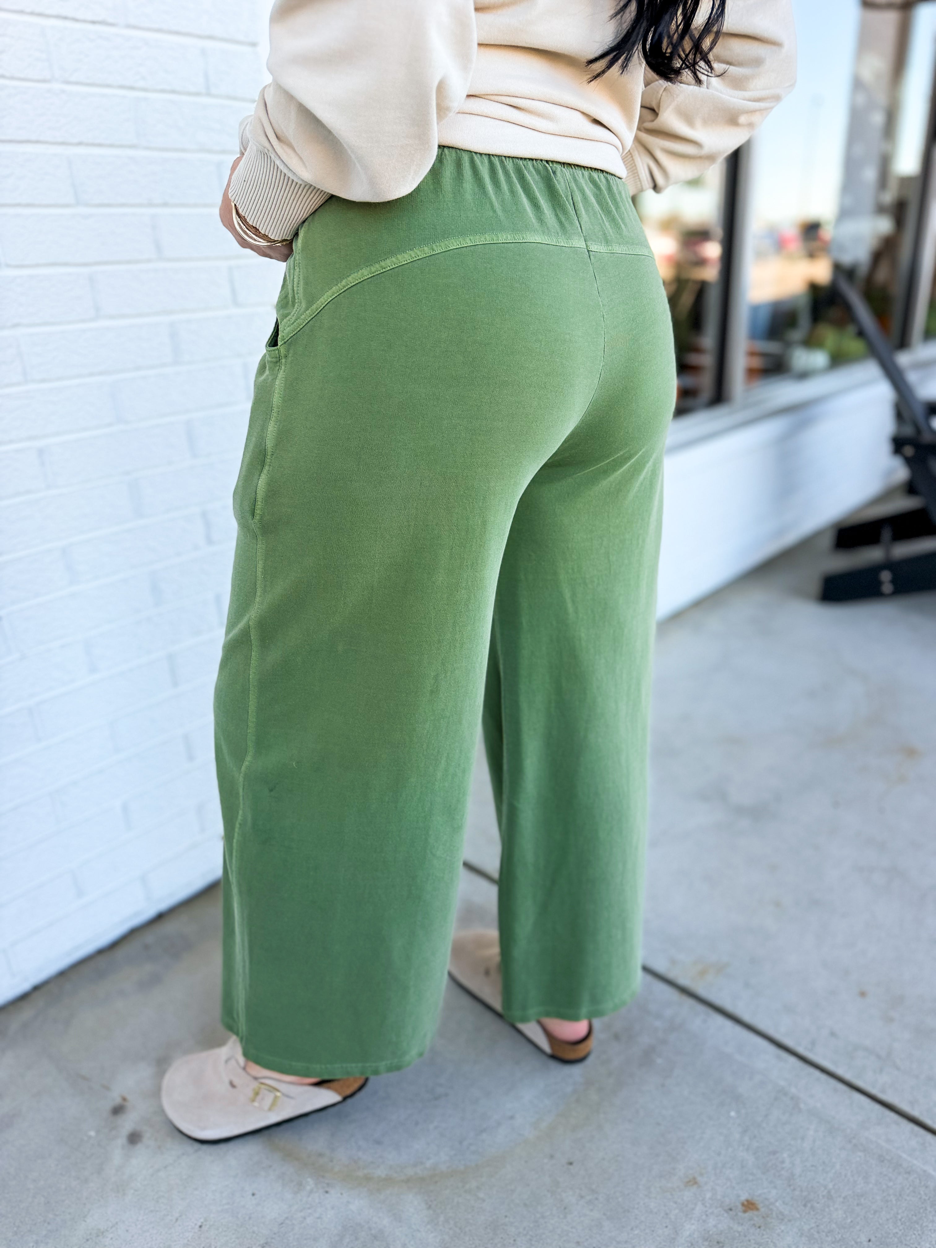 Pigment Wash French Terry Wide Leg Pants - Light Olive - Lace and Grace Boutique