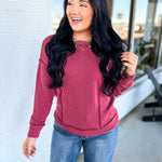 Corded Rib Exposed Seam Pullover Top - Burgundy - Lace and Grace Boutique