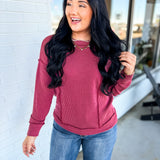 Corded Rib Exposed Seam Pullover Top - Burgundy - Lace and Grace Boutique