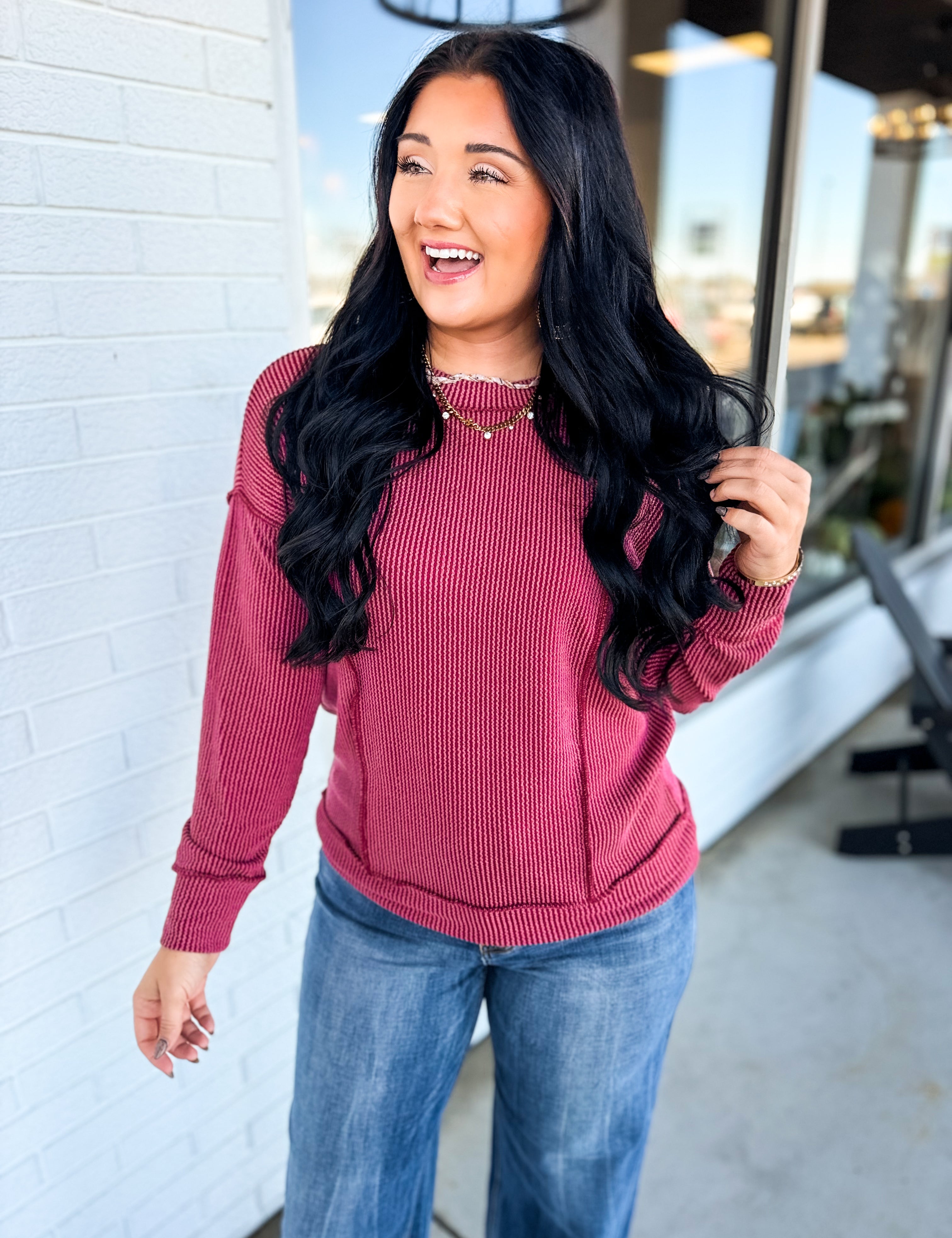 Corded Rib Exposed Seam Pullover Top - Burgundy - Lace and Grace Boutique