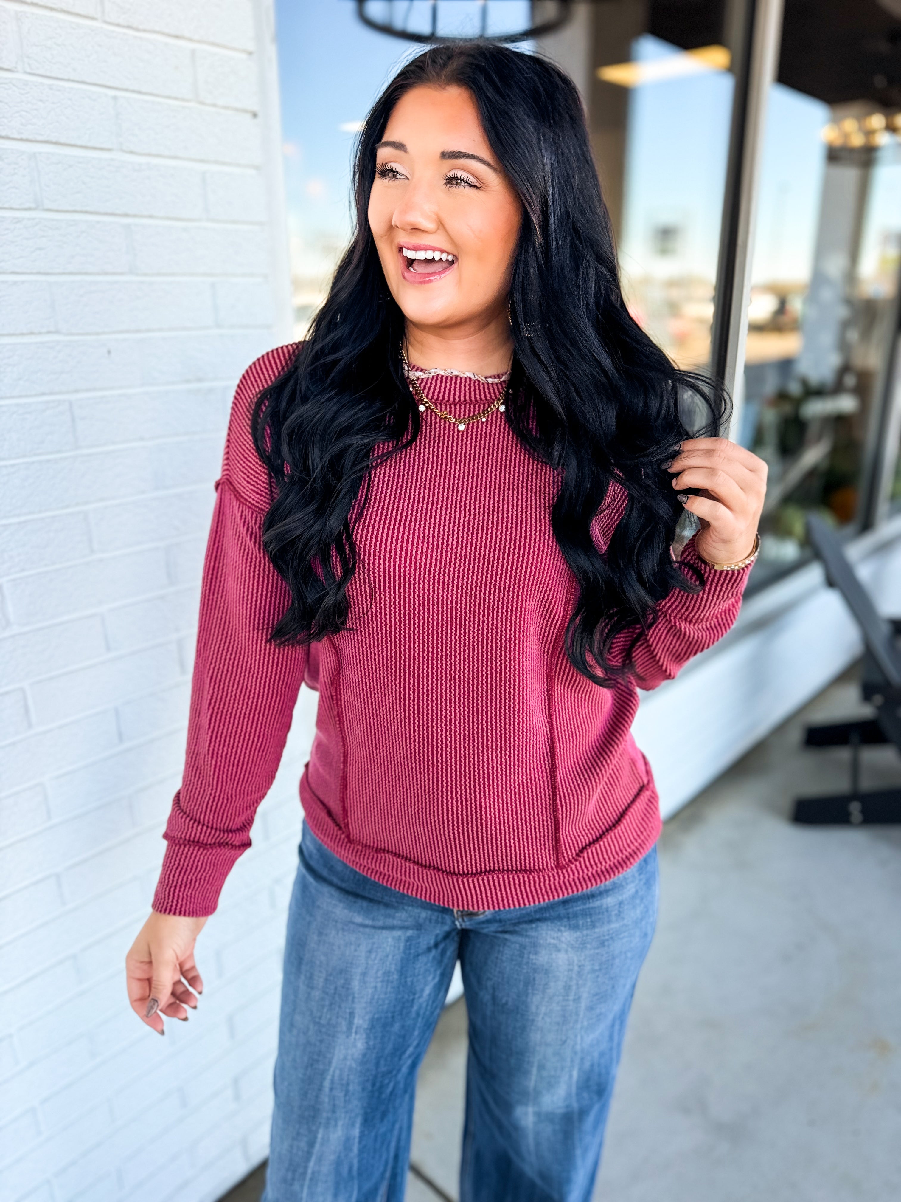 Corded Rib Exposed Seam Pullover Top - Burgundy - Lace and Grace Boutique