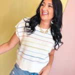 Striped Sleeve Detail Crewneck Sweater - White Multi - Lace and Grace Boutique
