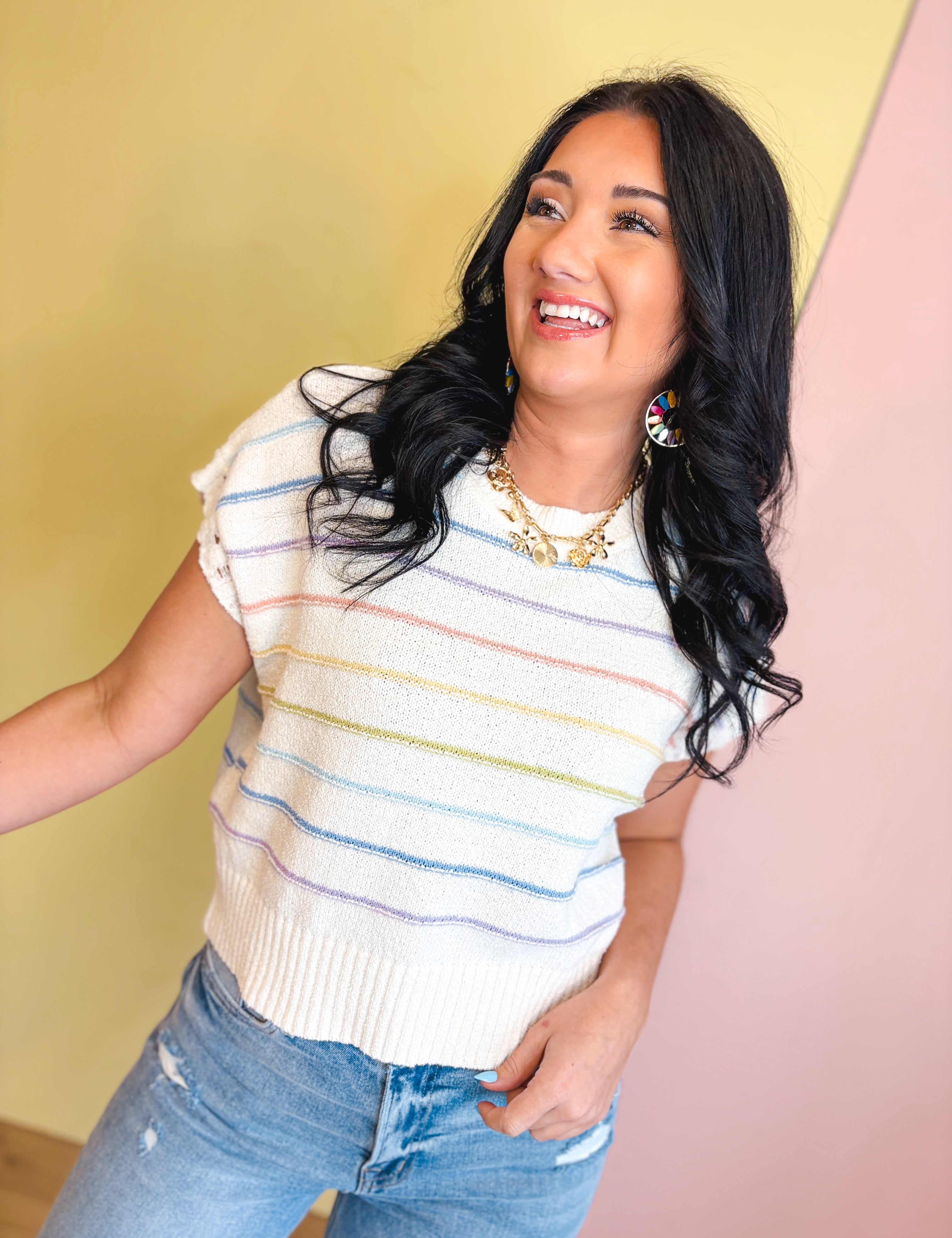 Striped Sleeve Detail Crewneck Sweater - White Multi - Lace and Grace Boutique