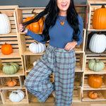 Plaid Crinkled Gauze Wide Leg Pants - Eucalyptus - Lace and Grace Boutique