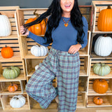 Plaid Crinkled Gauze Wide Leg Pants - Eucalyptus - Lace and Grace Boutique