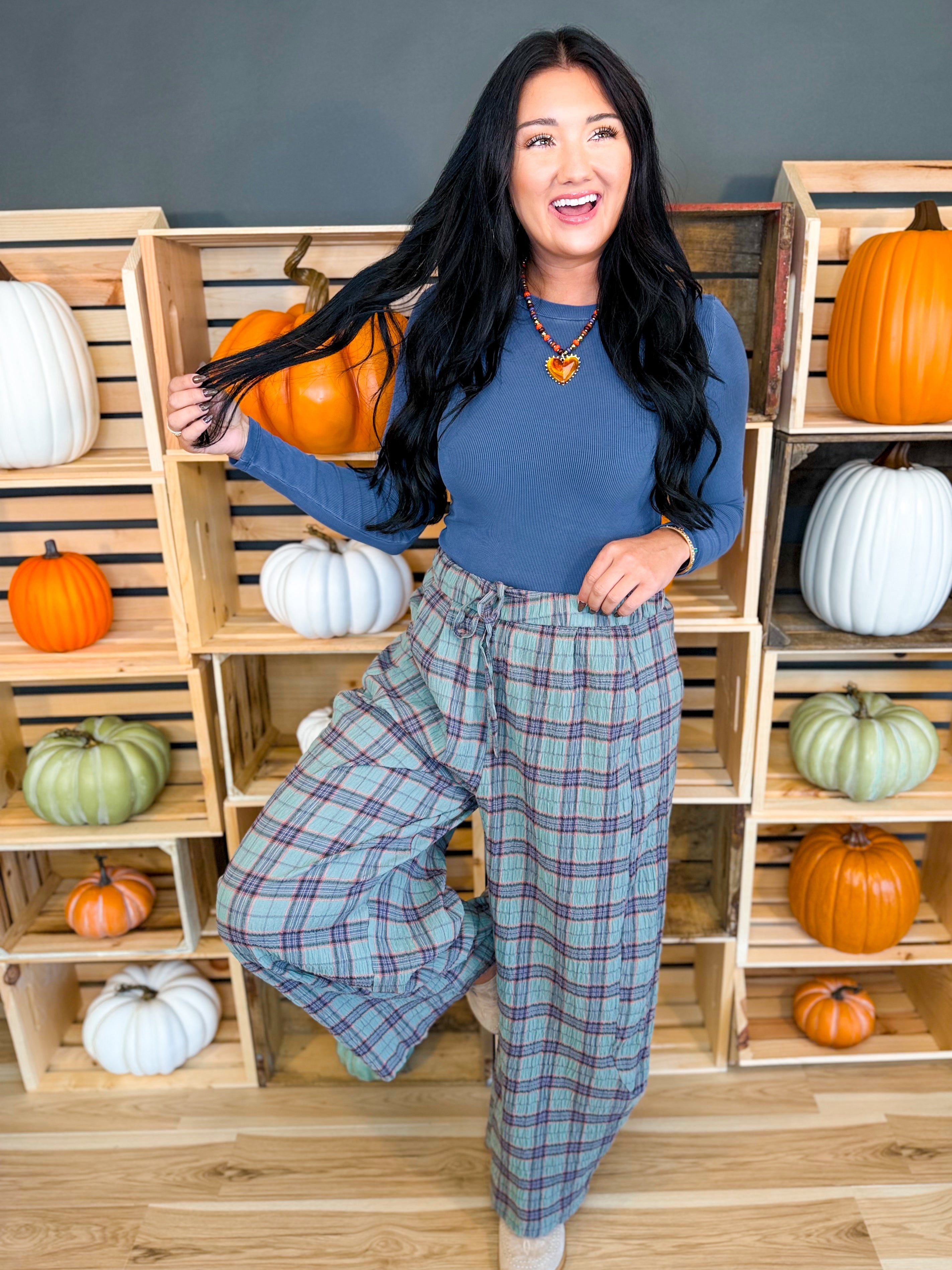 Plaid Crinkled Gauze Wide Leg Pants - Eucalyptus - Lace and Grace Boutique