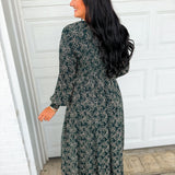Smocked Button Detail Floral Print Maxi Dress - Dark Green