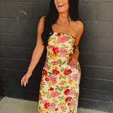Strapless Bias Cut Satin Maxi Dress - Garden Multi - Lace and Grace Boutique